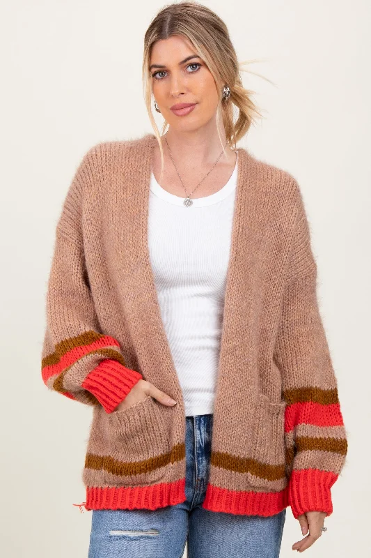 Heavy - Duty Sweaters for Harsh Weather -Camel Chunky Knit Stripe Detail Sweater Cardigan