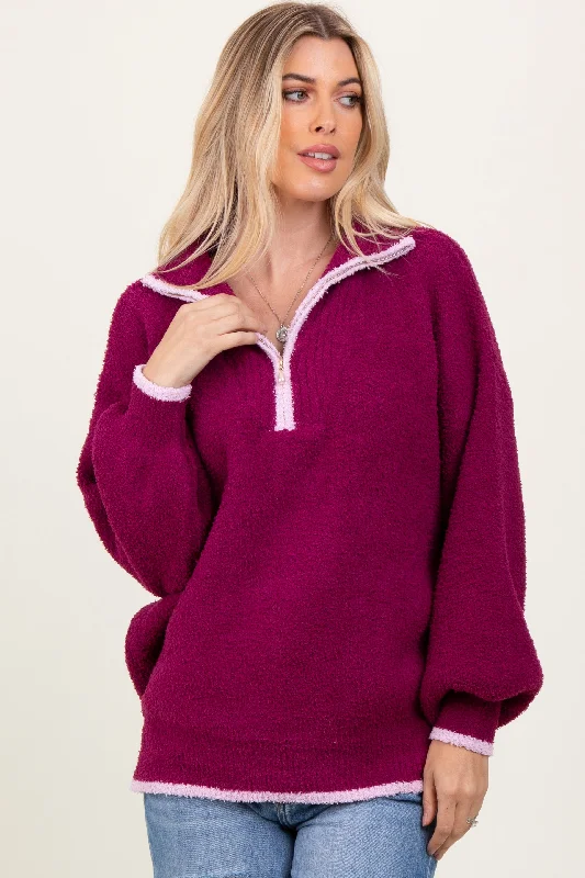 Non - Itchy Sweaters for Sensitive Skin -Magenta Soft Fuzzy Knit Quarter Zip Pullover Sweater