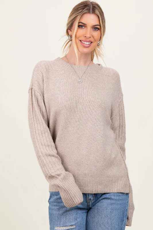 Cuffed - Sleeve Sweaters for Neat Appearance -Beige Long Sleeve Raised Seam Sweater