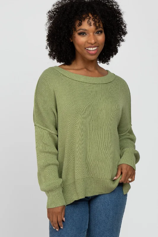 Anti - Pilling Sweaters for Long - Lasting -Light Olive Exposed Seam Side Slit Sweater