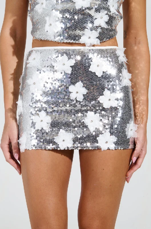 A-line mini skirts for fun flirty looks -LOVE ME THE RIGHT WAY SEQUIN MINI SKIRT IN SILVER