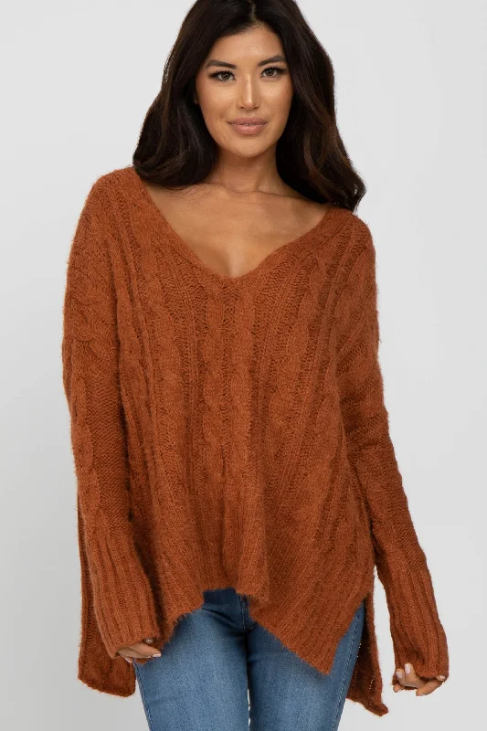 Breathable Sweaters for Comfort -Camel V-Neck Side Slit Cable Knit Sweater