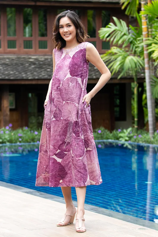 Lace Dresses for Delicate -Purple Teak Thai Ouke Print Cotton Sleeveless Dress