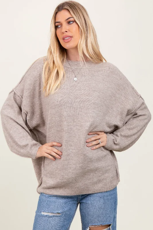 Roll - Neck Sweaters for Cold - Resistance -Taupe Oversized Crewneck Melange Knit Sweater