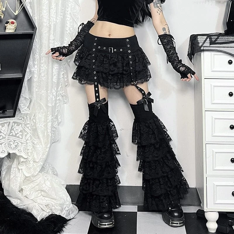 Bold skirts with bright color pops -Women's Gothic Eyelet Strap Splice Lace Skirt