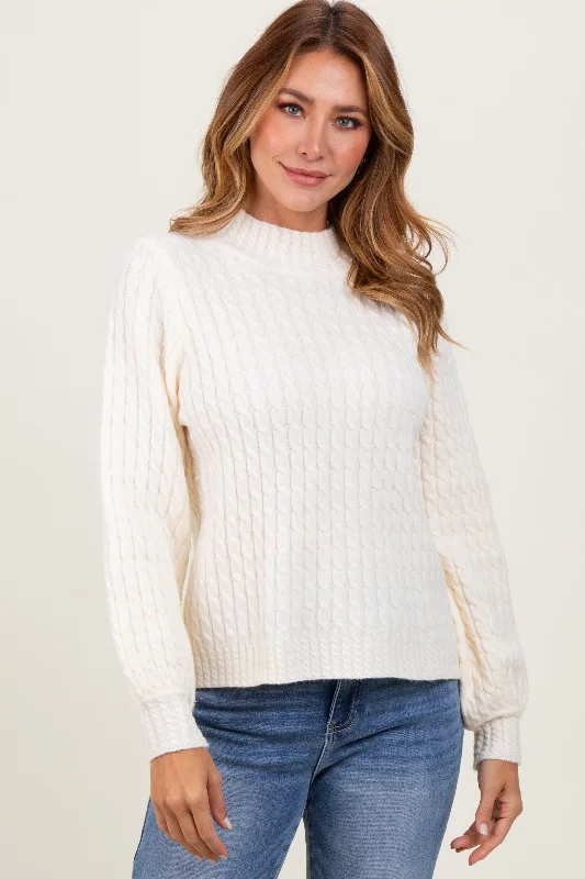 Cashmere Sweaters for Luxury Feel -Cream Cable Knit Mock Neck Bubble Sleeve Sweater