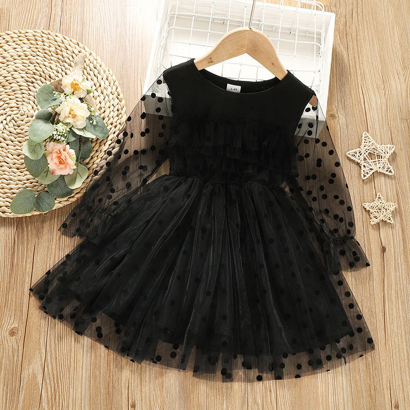 Maximalist Dresses for Bling -Children's Fashion Polka Dot Lace Long-sleeved Dress