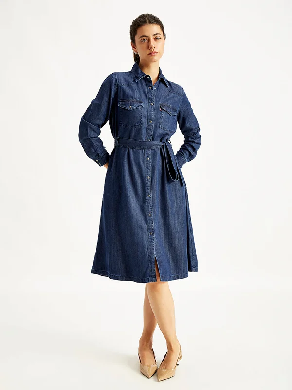 Silk Dresses for Luxurious -Women's Solid Indigo Spread Collar Shirt Dress