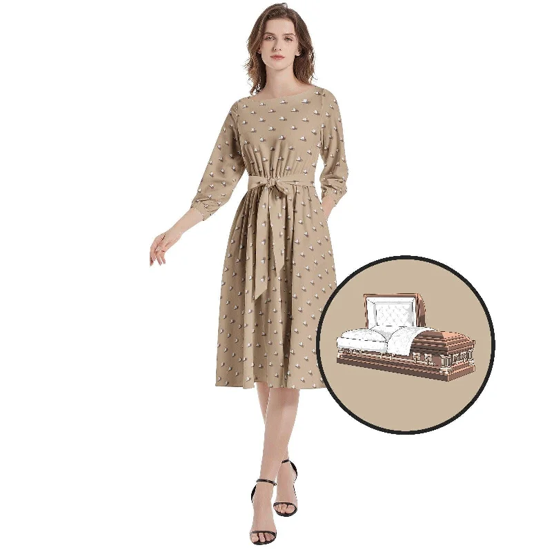 Resort Dresses for Vacation -Dark Brown Casket on Light Brown - Boat Neck Belted Flared Dress