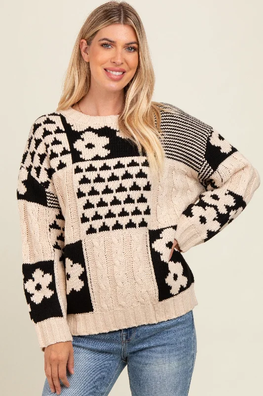 Non - Itchy Sweaters for Sensitive Skin -Beige Floral Mixed Print Cable Knit Sweater