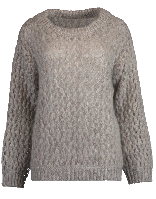 Raglan - Sleeve Sweaters for Comfort -Open Weave Net Mohair Crewneck Sweater