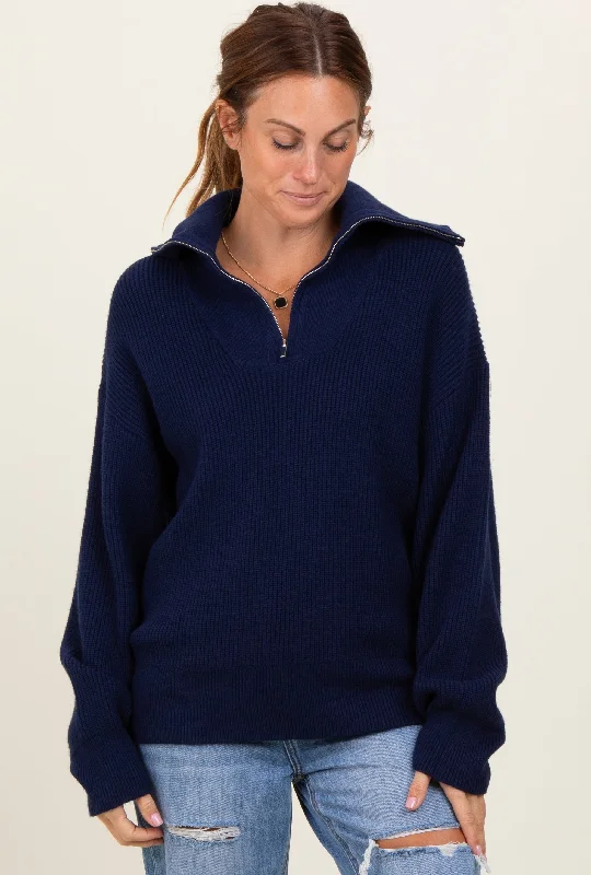 Open - Neck Sweaters for Airy Feel -Navy Half Zip Chunky Knit Pullover Sweater