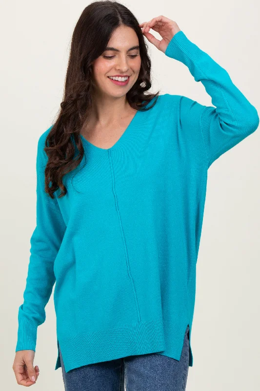 Indoor - Comfort Sweaters for Home -Jade Front Seam V-Neck Side Slit Sweater