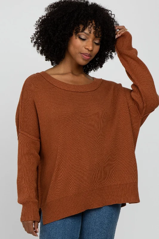 Machine - Washable Sweaters for Convenience -Camel Exposed Seam Side Slit Sweater