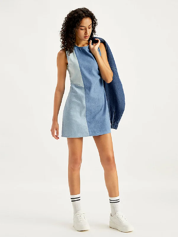 Contemporary Dresses for Fashion -Women's Colorblock Blue Round Neck Mini Dress