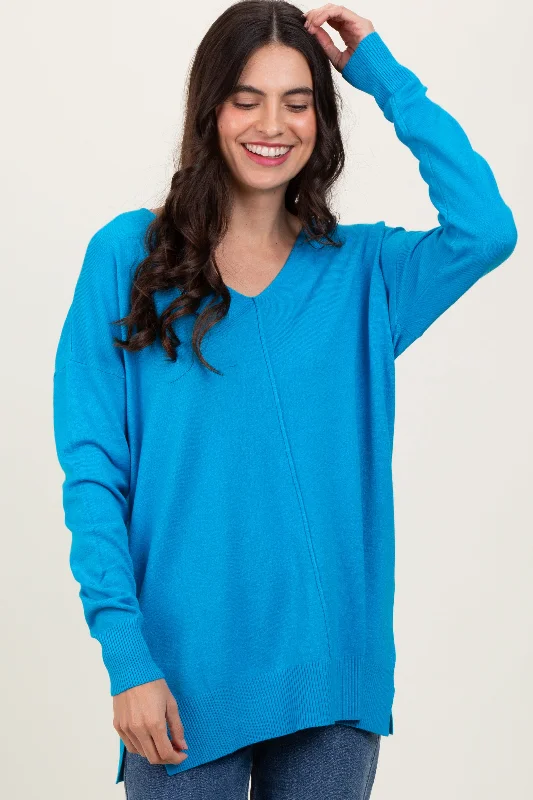 Sequined Sweaters for Glamorous Look -Aqua Front Seam V-Neck Side Slit Sweater