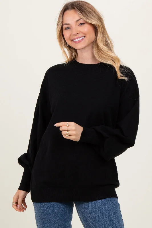 Belted Sweaters for Defined Waist -Black Fine Knit Balloon Sleeve Sweater