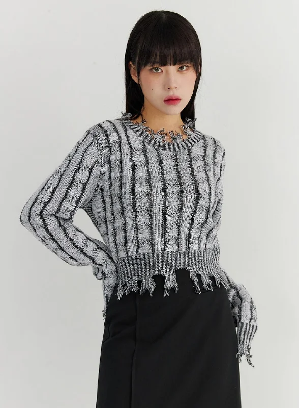 Indoor - Comfort Sweaters for Home -Raw Hem Cable Stripe Sweater CO323