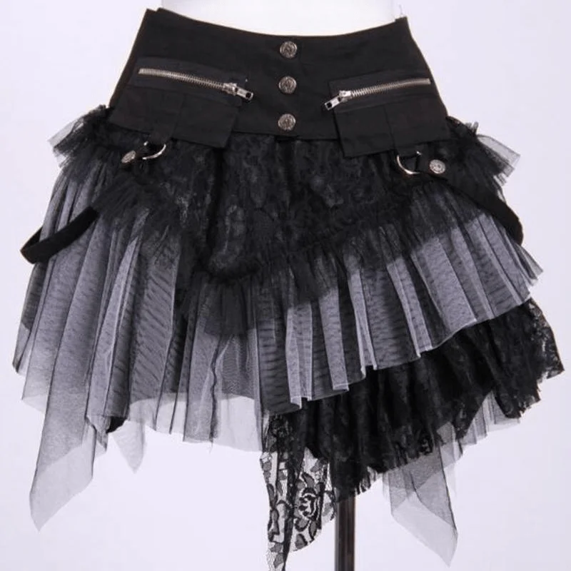 Casual skirts with relaxed fit comfort -Short Layered Lace and Net Steampunk Skirt