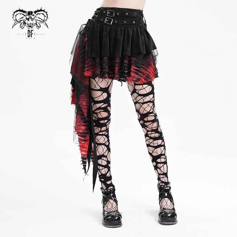 Patterned skirts with bold stripe accents -Women's Gothic Eyelets Mesh Irregular Hem Skirt Black Red