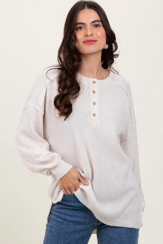 Office - Appropriate Sweaters for Work -Cream Oversized Ribbed Knit Henley Sweater