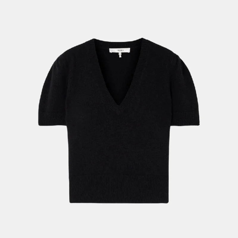 Knitted Sweaters for Traditional Style -Cashmere Gathered V-Neck Sweater (Black)