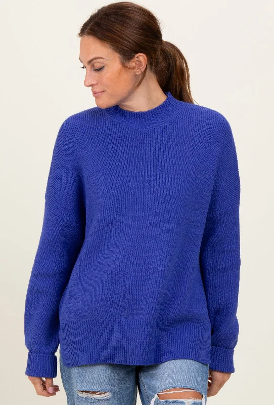 Embroidered Sweaters for Detailed Decoration -Royal Blue Mock Neck Basic Sweater