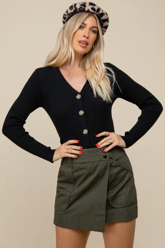 Side - Slit Sweaters for Stylish Detail -Black Rib Knit Button Front Sweater Cardigan