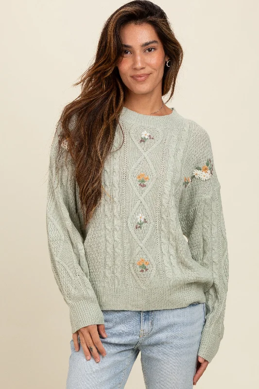 Cashmere Sweaters for Luxury Feel -Mint Green Embroidered Flower Cable Knit Sweater