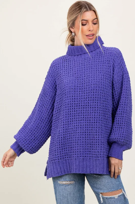 Machine - Washable Sweaters for Convenience -Periwinkle Chunky Waffle Knit Turtleneck Sweater