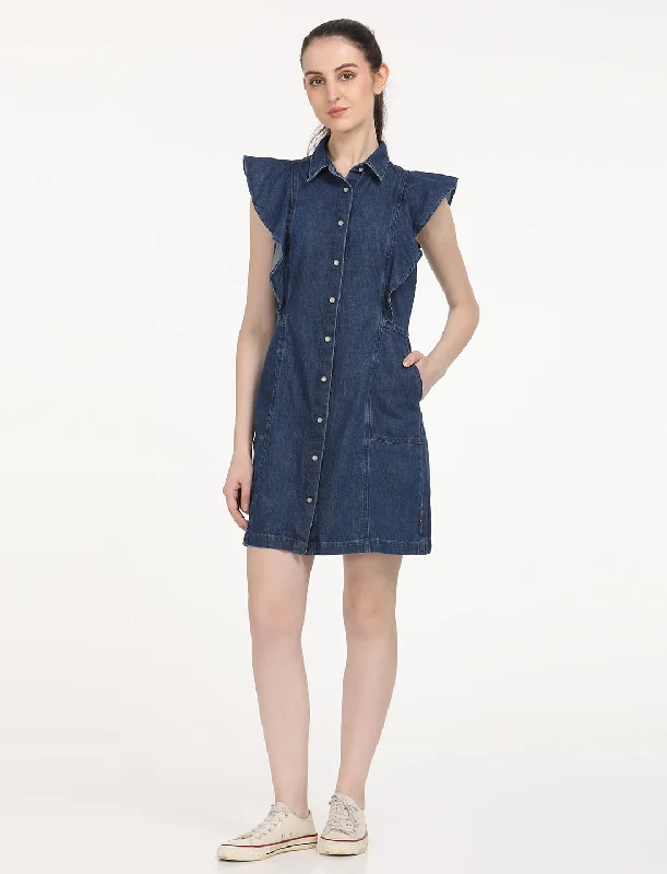 Flared Dresses for Retro -Women's Solid Blue Spread Collar Dress