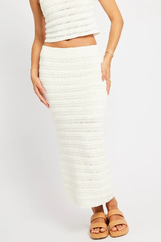 Stretchy skirts for all-body inclusivity -White Crochet Skirt High Rise Elastic Waistband Midi