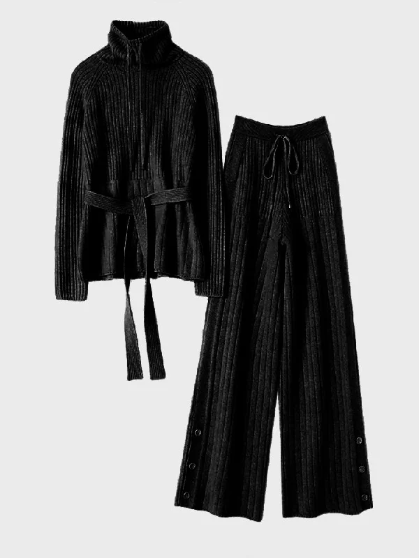 Pocket - Equipped Sweaters for Convenience -Turtleneck Lace-Up Sweater & Wide Leg Drawstring Pants Two-Piece Set (Black)