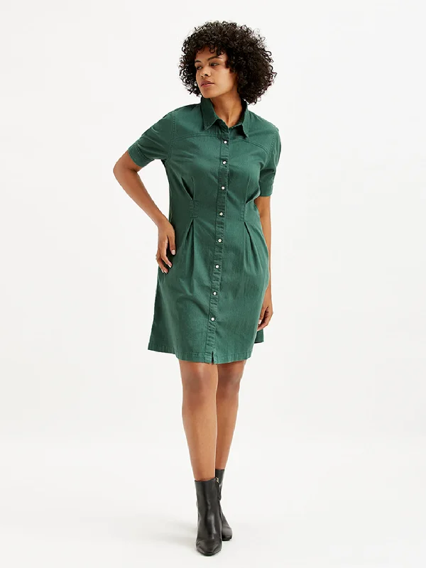 Vintage Dresses for Nostalgia -Women's Solid Green Spread Collar Shirt Dress