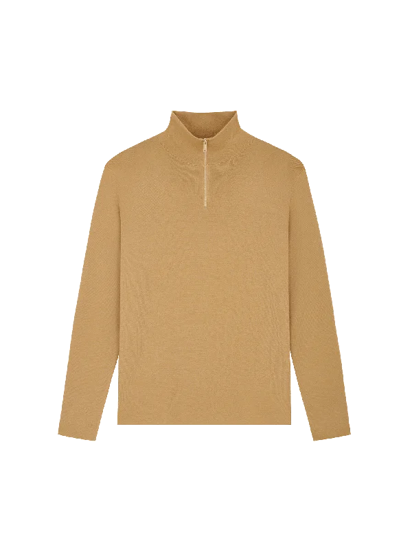 Crocheted Sweaters for Handmade Touch -Mens Regenerative Merino Wool Half-Zip Sweater—camel