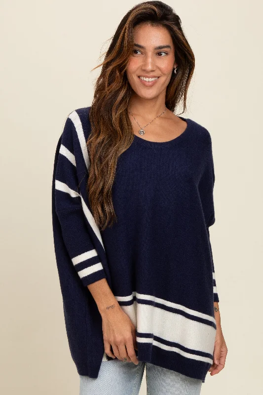 Casual - Wear Sweaters for Weekend -Navy Mixed Stripe Dolman Sleeve Sweater