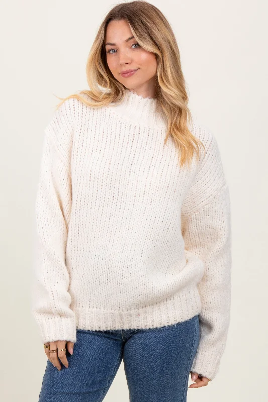 Zip - Up Sweaters for Functional Design -Cream  Chunky Knit Mock Neck Sweater