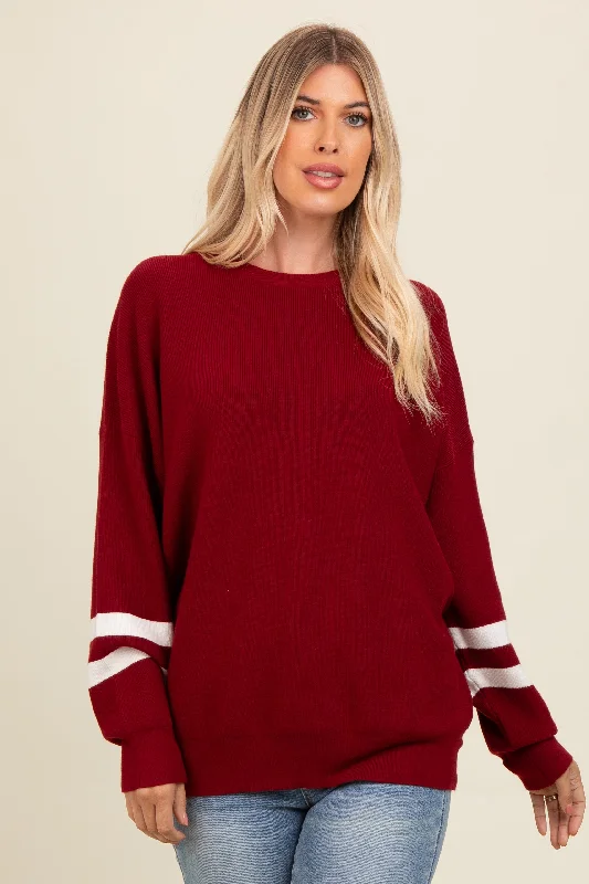 Men's Wool Sweaters for Masculine Look -Burgundy Striped Sleeve Relaxed Fit Sweater