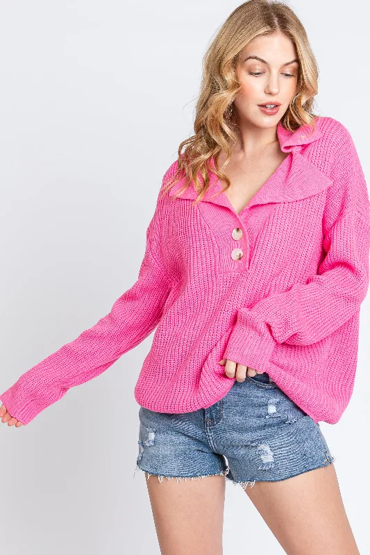 Open - Neck Sweaters for Airy Feel -Pink Chunky Knit Front Button Sweater