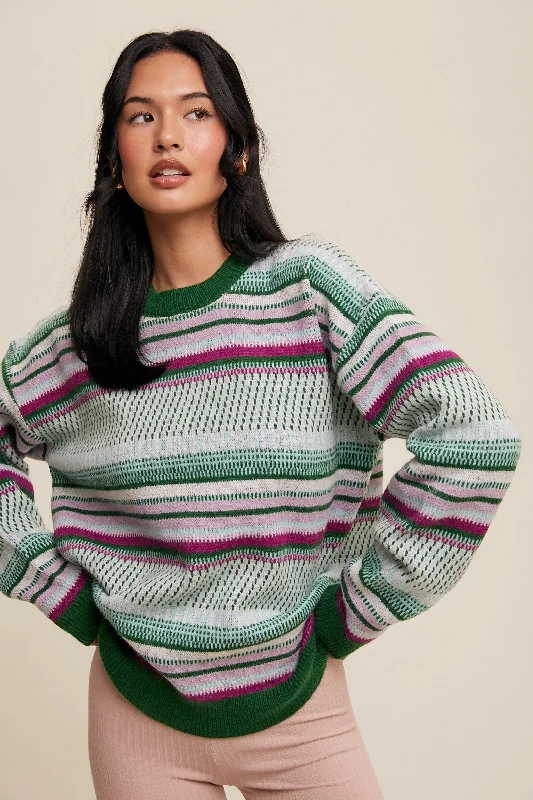 Sustainable Sweaters for Ethical Fashion -Green Multi Stripe Crew Neck Sweater