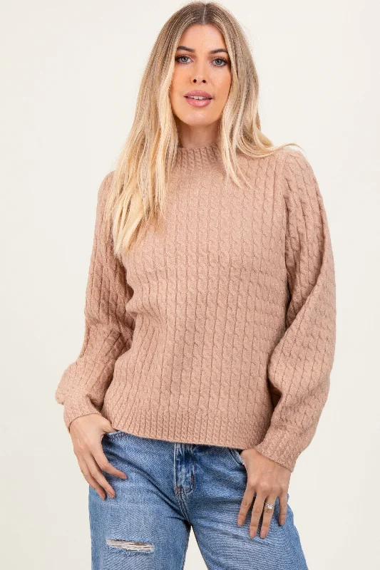 Oversized Sweaters for Relaxed Fit -Mocha Cable Knit Mock Neck Bubble Sleeve Sweater