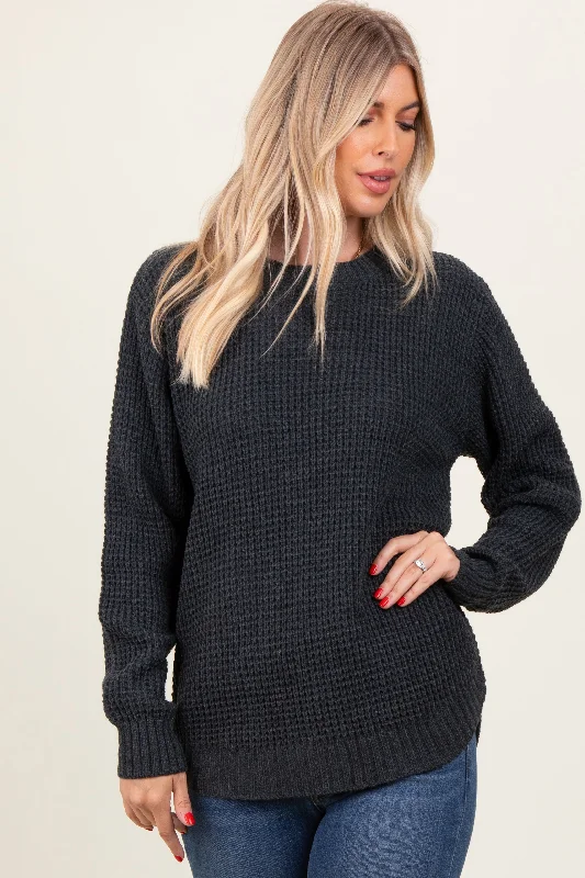 Outdoor - Activity Sweaters for Hiking -Charcoal Waffle Knit Rounded Hem Sweater