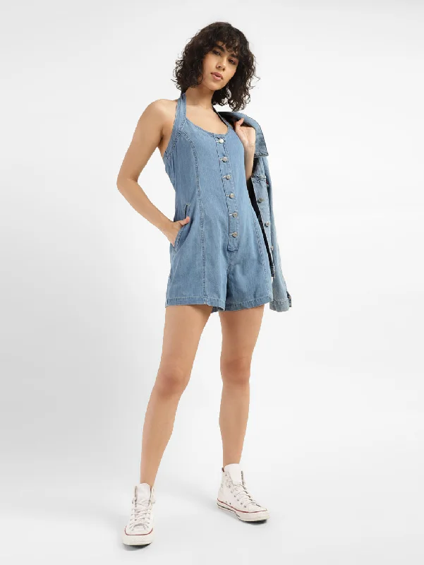 Punk Dresses with Spikes -Women's Solid Blue Collar Romper Dress