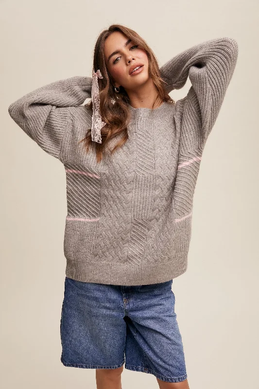 Striped Sweaters for Stylish Appearance -Heather Grey Striped Mixed Cable Knit Sweater