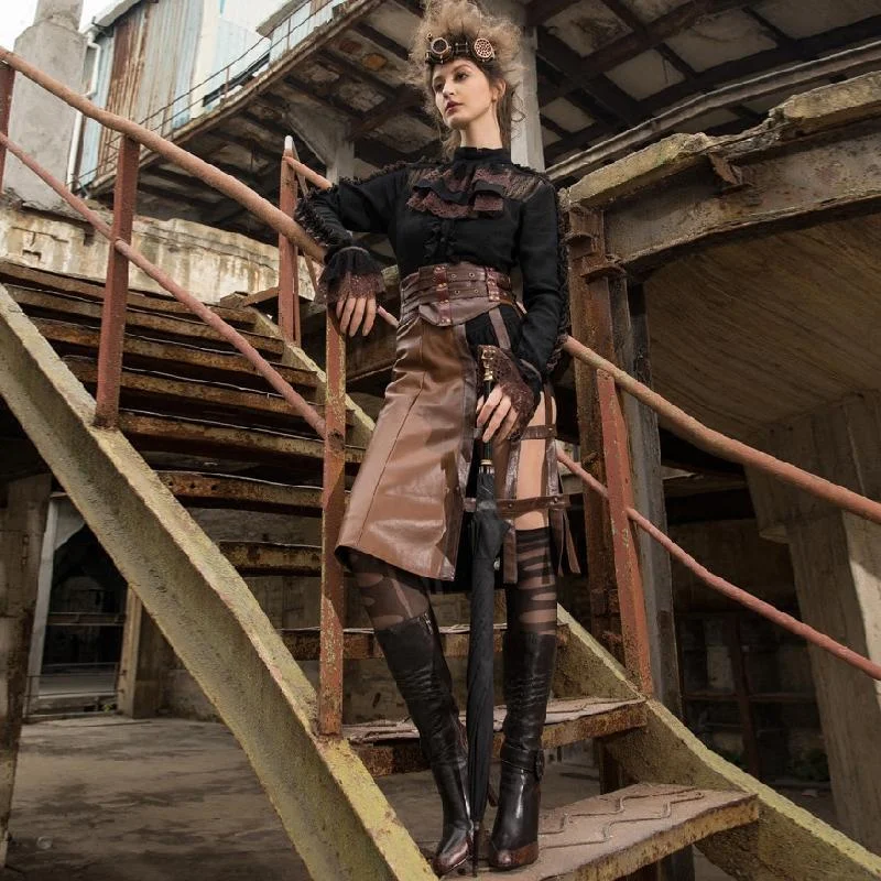 Durable cotton skirts for tough daily use -Women's Steampunk Faux Leather Half Skirt