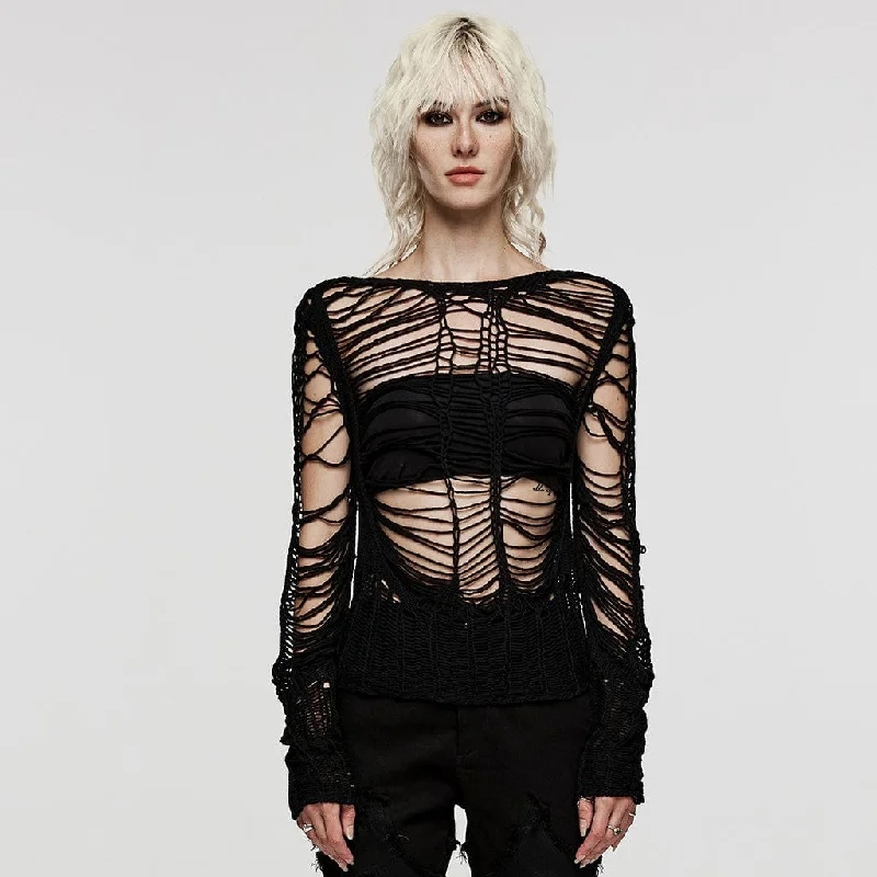 Sleeveless Sweaters for Layering -Women's Punk Ripped Sheer Knitted Sweater