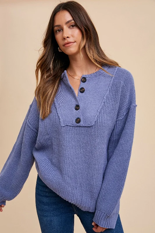 Cashmere Sweaters for Luxury Feel -Periwinkle Front Button Knit Sweater