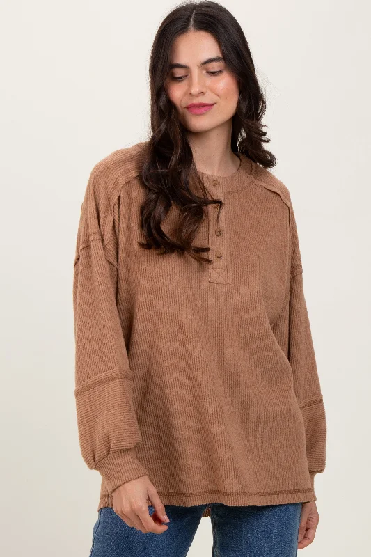 Tasseled Sweaters for Exotic Look -Camel Oversized Ribbed Knit Henley Sweater