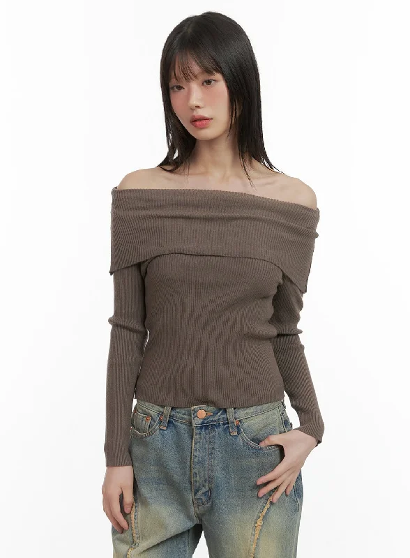 Checkered Sweaters for Casual Vibe -Basic Off-Shoulder Knit Sweater CO410