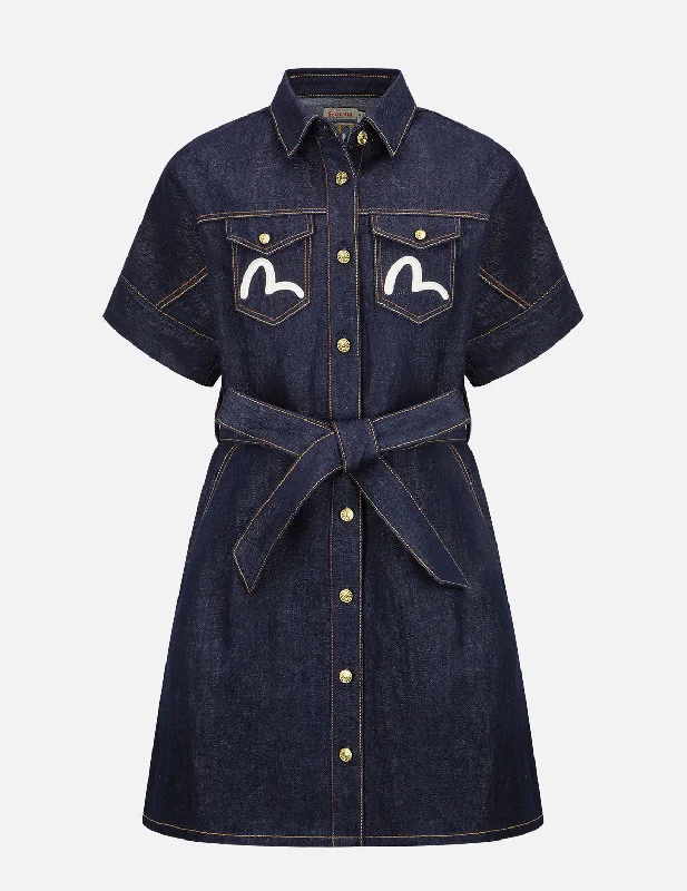 Buttoned Dresses for Stylish -Logo and Floral Embroidery Denim Dress